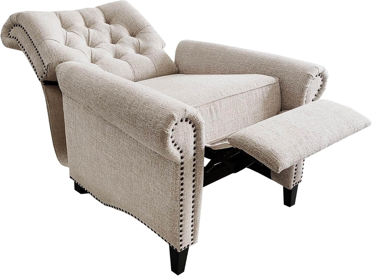 Madison Park Aidan Upholstered Manual Push Back Recliner Chair with Nailheads - Solid Wood, Plywood, Roled Back Button Tufted Accent Armchair Modern Classic Style Family Room Sofa Furniture, Cream