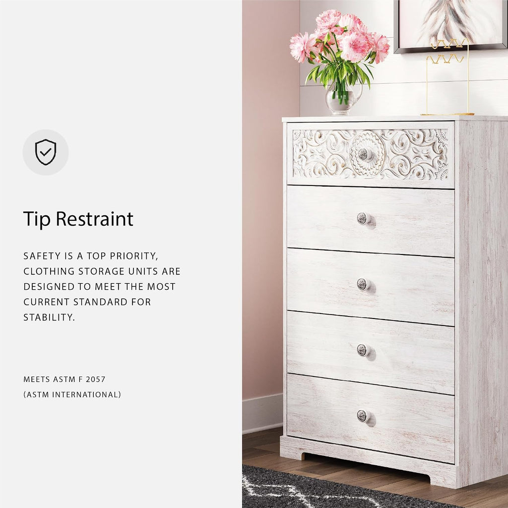 Signature Design by Ashley Paxberry Boho 5 Drawer Chest of Drawers, Whitewash