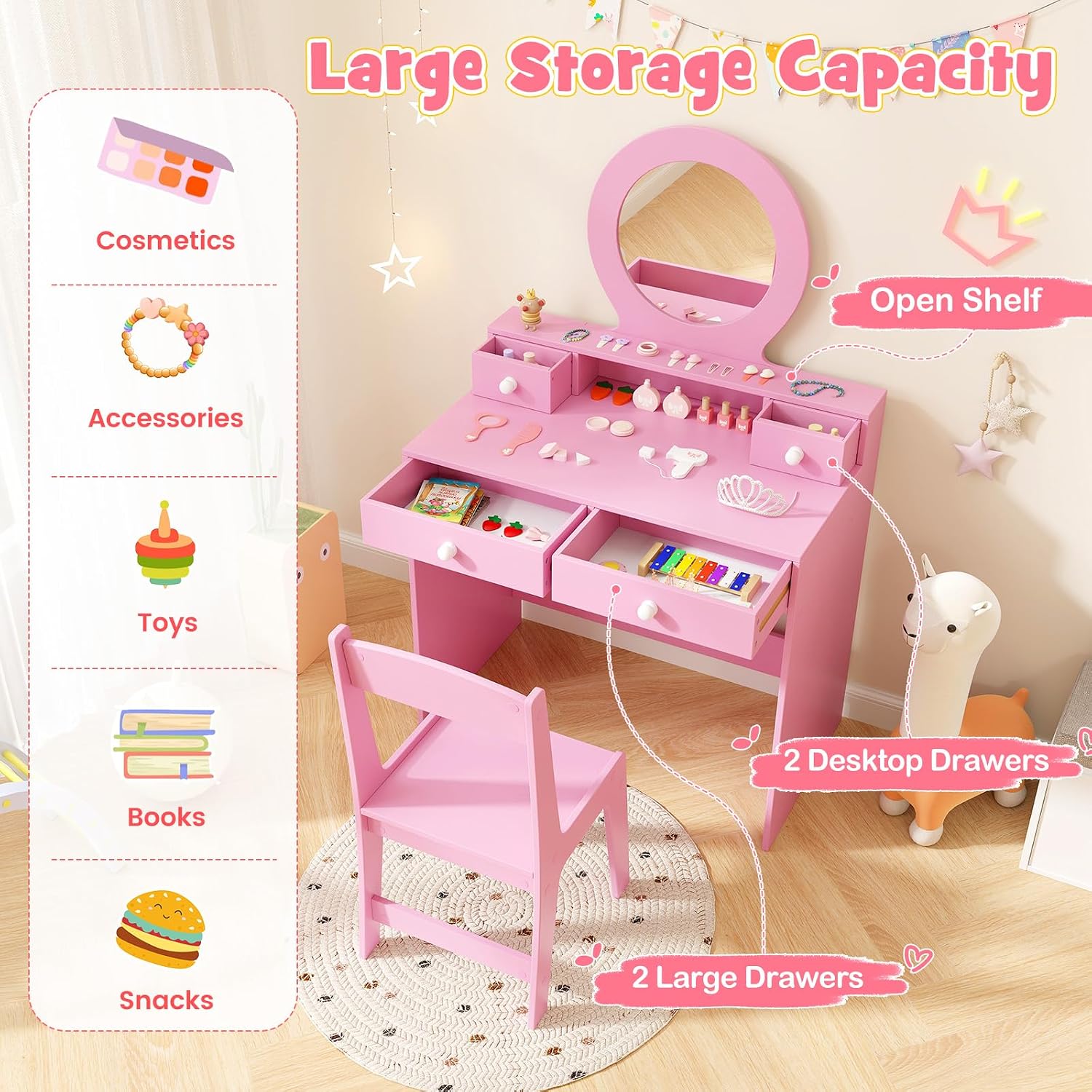 HONEY JOY Kids Vanity, Little Girls Vanity Set with Mirror and Stool, Drawers, Toddler Makeup Vanity Dressing Table, Wooden Pretend Play Kids Vanity Table and Chair Set (Pink)