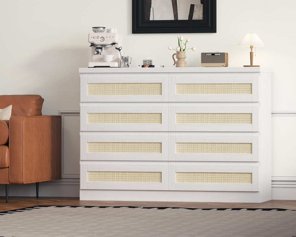 47 Inch Rattan 8 Drawer Dresser, Modern Farmhouse Chest of Drawers, Tv Stand Dresser Accent Furniture for Living Room, Bedroom, Entryway