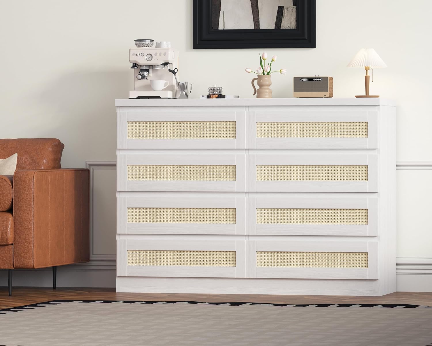 47 Inch Rattan 8 Drawer Dresser, Modern Farmhouse Chest of Drawers, Tv Stand Dresser Accent Furniture for Living Room, Bedroom, Entryway