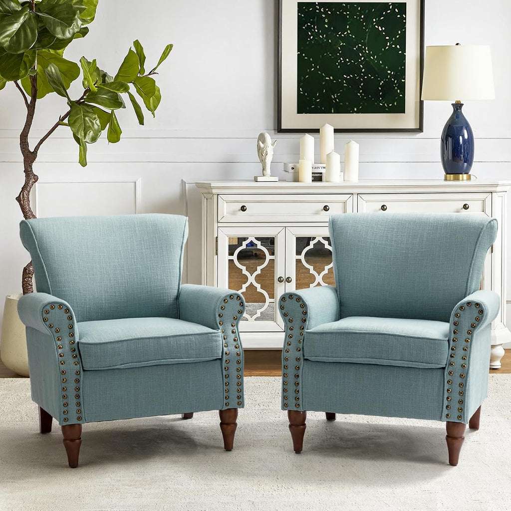 HULALA HOME Accent Chair with Wood Legs & Removable Cushion, Modern Wingback Armchair with Nailhead Trim, Comfy Upholstered Lounge Chair, Single Sofa Chairs for Living Room Bedroom Set of 2, Blue