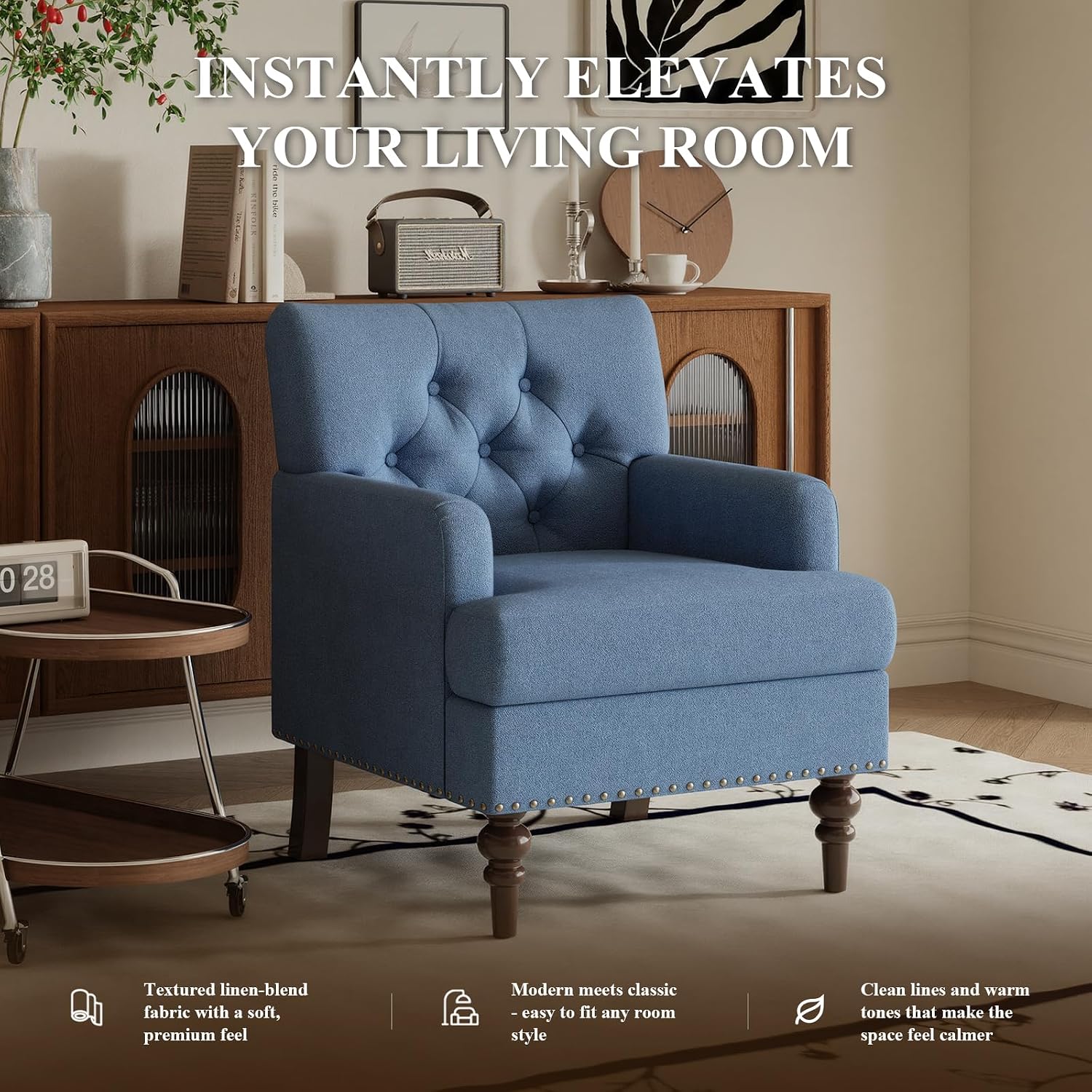 MALOL Upholstered Accent Chair, Comfy Reading Chair for Living Room, Mid Century Modern Armchair with Thick Cushion & Solid Rubberwood Legs, for Bedroom/Small Spaces, Blue