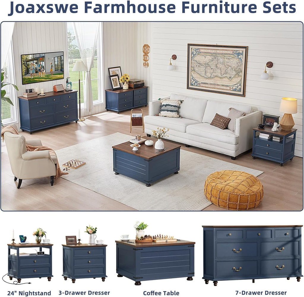 Joaxswe Farmhouse Coffee Table with Hidden Storage, 59 Gallon Square Center Table for Living Room, Rustic Wood Cocktail Tables with Flip-Top Lids, Farm House Tables with Wooden Gourd Feet, Navy Blue
