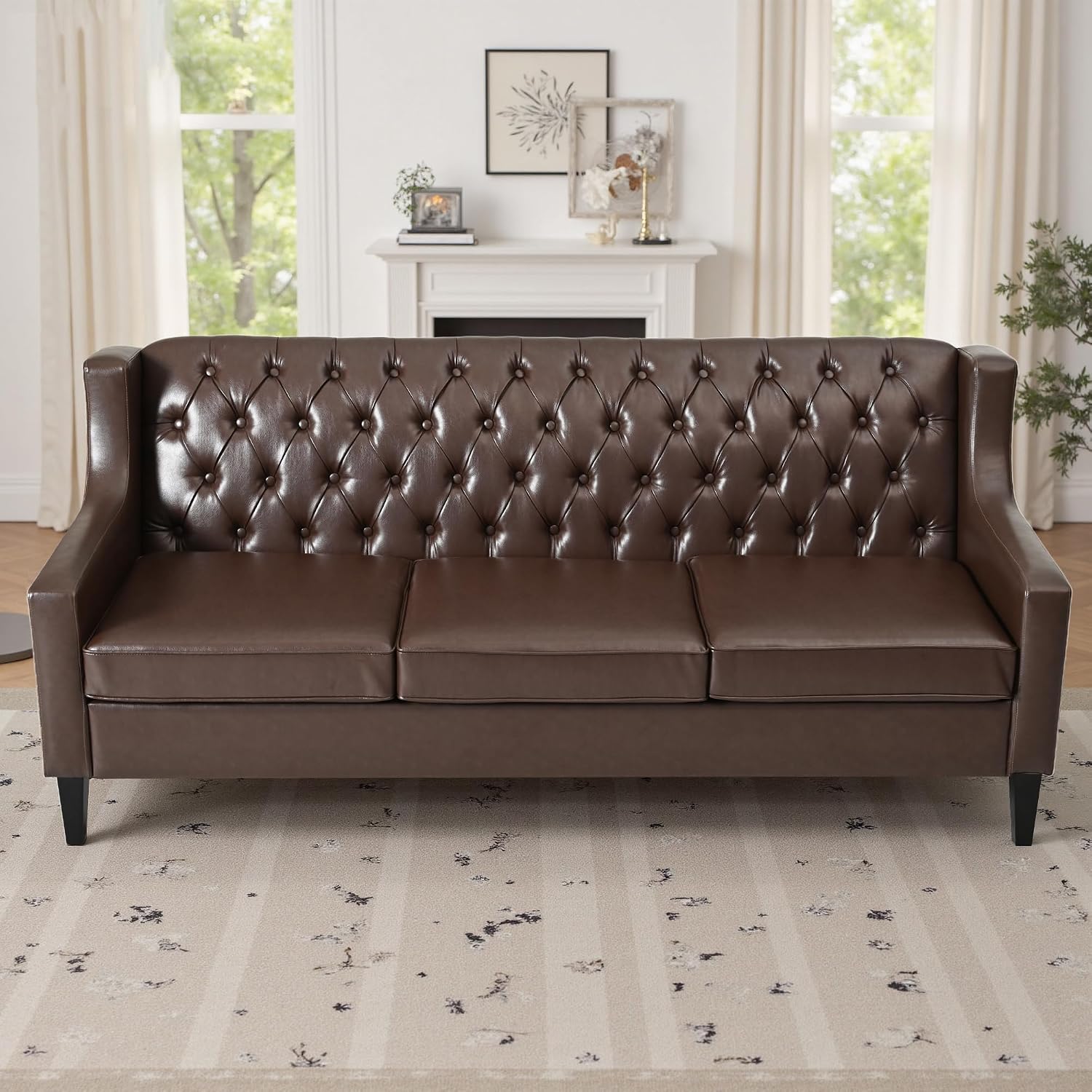 GDFStudio 78.75' 3-Seater Sofa, Button Tufted Backrest Big Comfy Couch with Cushions, Mid Century Modern Couches Home Living Room Sofa, Upholstered Sofas & Couches for Apartment Bedroom, Dark Brown