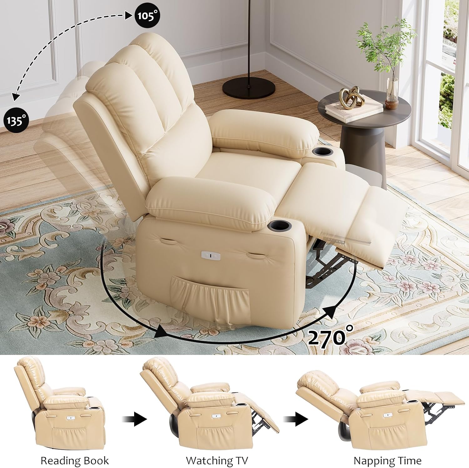 IDEALHOUSE Power Recliner Chair with Massage and Heat, Leather Fabric Reclining Sofa Chair, 360° Swivel Recliner Chairs with Cup Holder for Living Room, Bedroom, Nursery, Beige