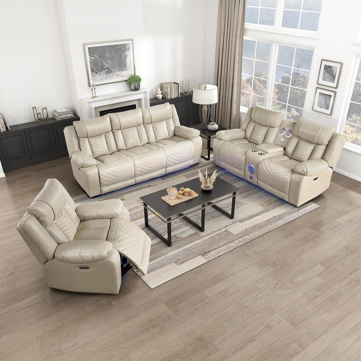Lexicon 3 Piece Living Room Furniture Set, Power Reclining Sofa Set, Home Theater Seating with Charging Ports/LED Lighting, Wall Hugger Power Double Reclining Sofa, Loveseat, Recliner, 3 Pieces, Beige