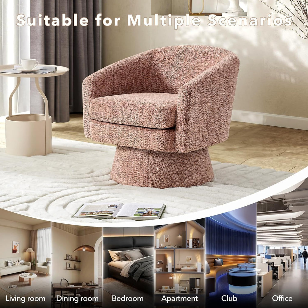 360° Swivel Barrel Accent Chair, Modern Chenille Upholstered Armchair with Curved Back, Soft Cushion & Arms, Wooden Frame, Storage Pocket, Comfy Reading Lounge Chair for Living Room, Bedroom, Office