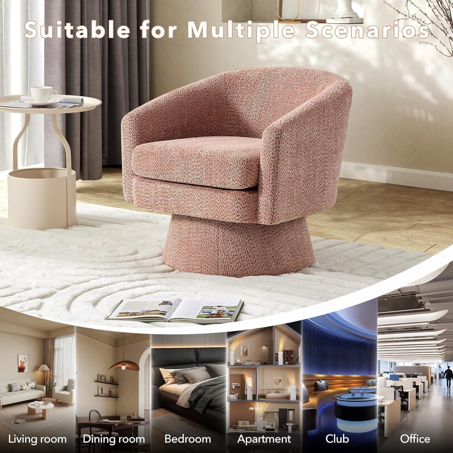 360° Swivel Barrel Accent Chair, Modern Chenille Upholstered Armchair with Curved Back, Soft Cushion & Arms, Wooden Frame, Storage Pocket, Comfy Reading Lounge Chair for Living Room, Bedroom, Office