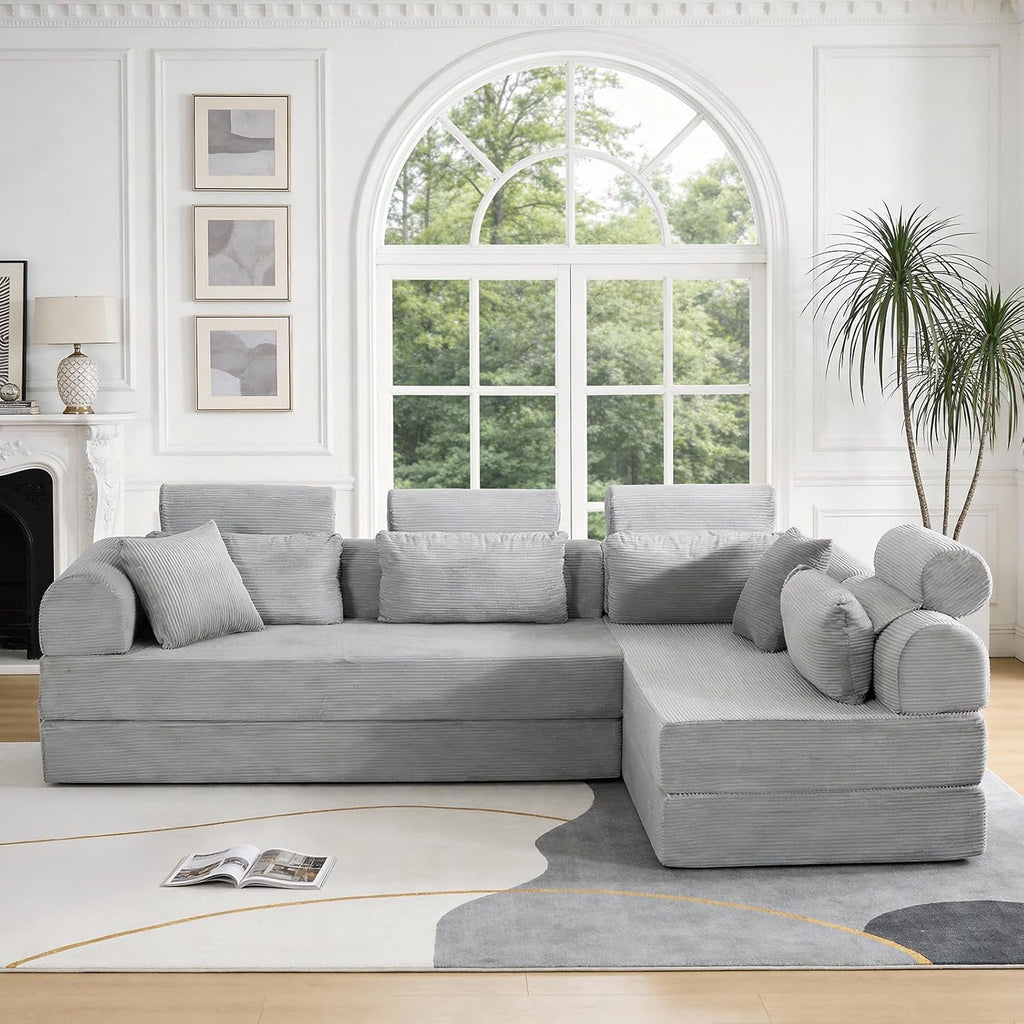 KEIKI 6-in-1 Folding Convertible High Back Sofa Sleeper, 106' Oversized Modular Sectional Corduroy UpholsteredL Shape Couches for Living Room, High-Density Foam Chaise Lounge Indoor, Light Gray
