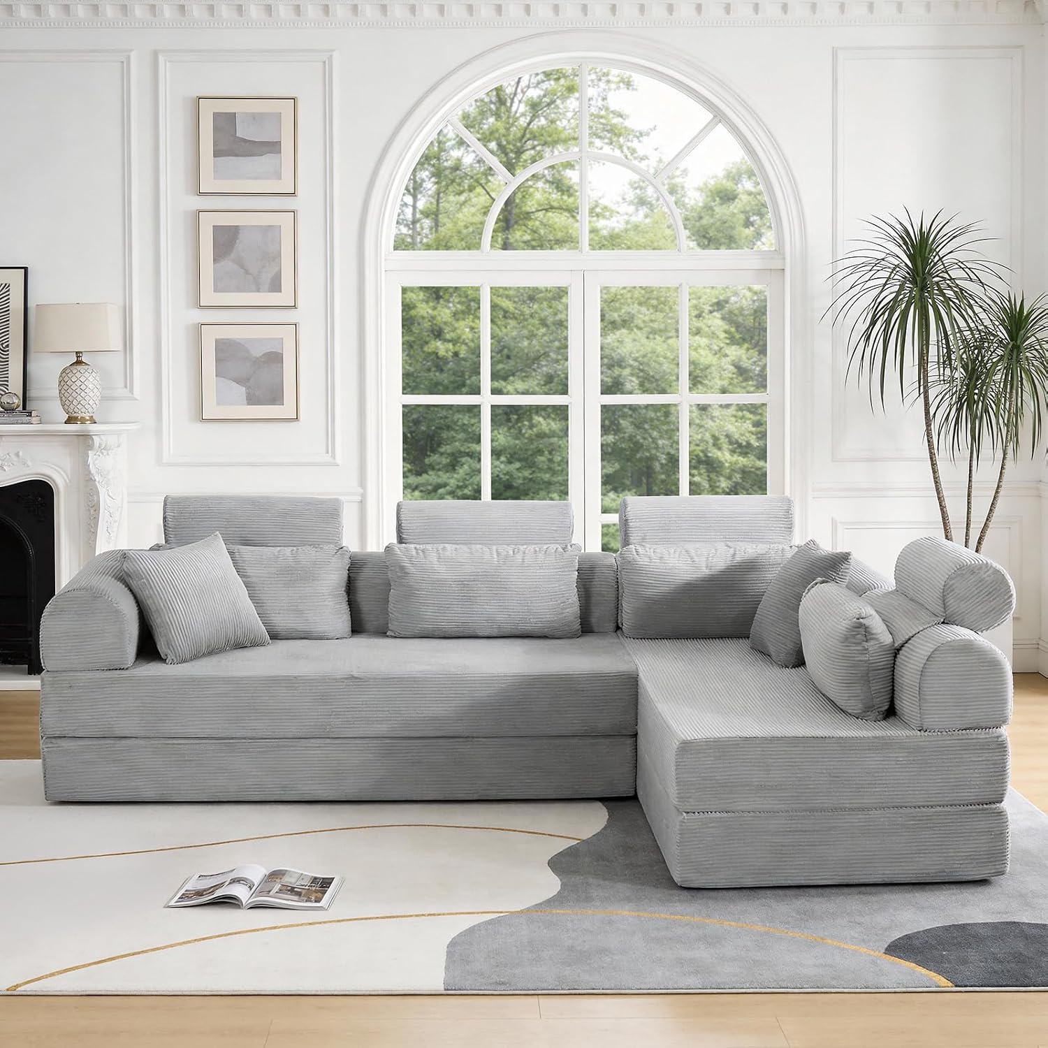 KEIKI 6-in-1 Folding Convertible High Back Sofa Sleeper, 106' Oversized Modular Sectional Corduroy UpholsteredL Shape Couches for Living Room, High-Density Foam Chaise Lounge Indoor, Light Gray