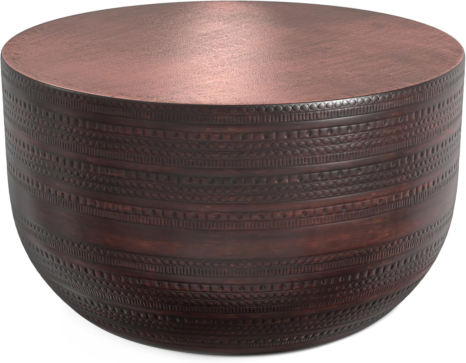 SIMPLIHOME Johnsen Metal Coffee Table - 30 inch Wide Solid Metal Round Drum Accent Table in Bronze, Boho Coffee Table for Living Room or Bedroom with Decorative Textured Design, Assembled