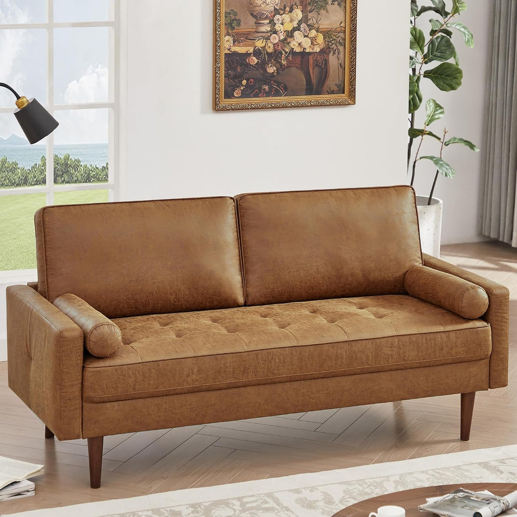 HIFIT 68'' Sectional Couches Set for Living Room, Mid Century Modern Faux Leather Sofa Couch w/Tufted Deep Love Seat & 2 Pillow, Home Sofa Living Room Small Couch for Bedroom, Office, Apartment, Brown
