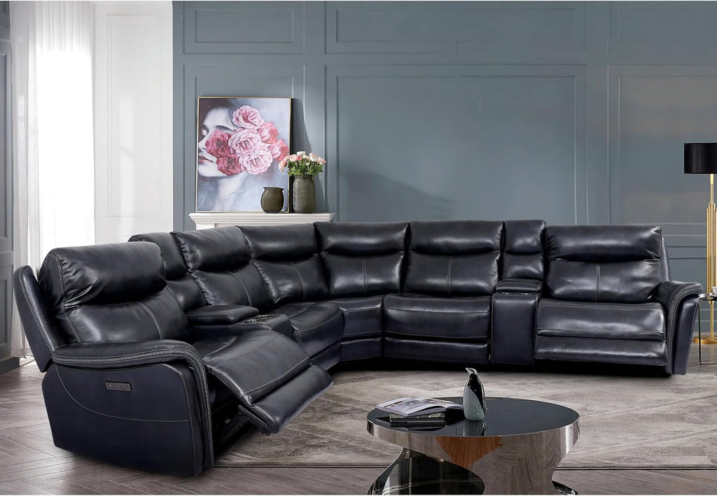 Furniture of America Pawona 135.5 inches Leather Upholstered Power Recliner Sectional with Cup Holders, Storage Console and USB Charger for Living Room, Home Office, Dark Navy