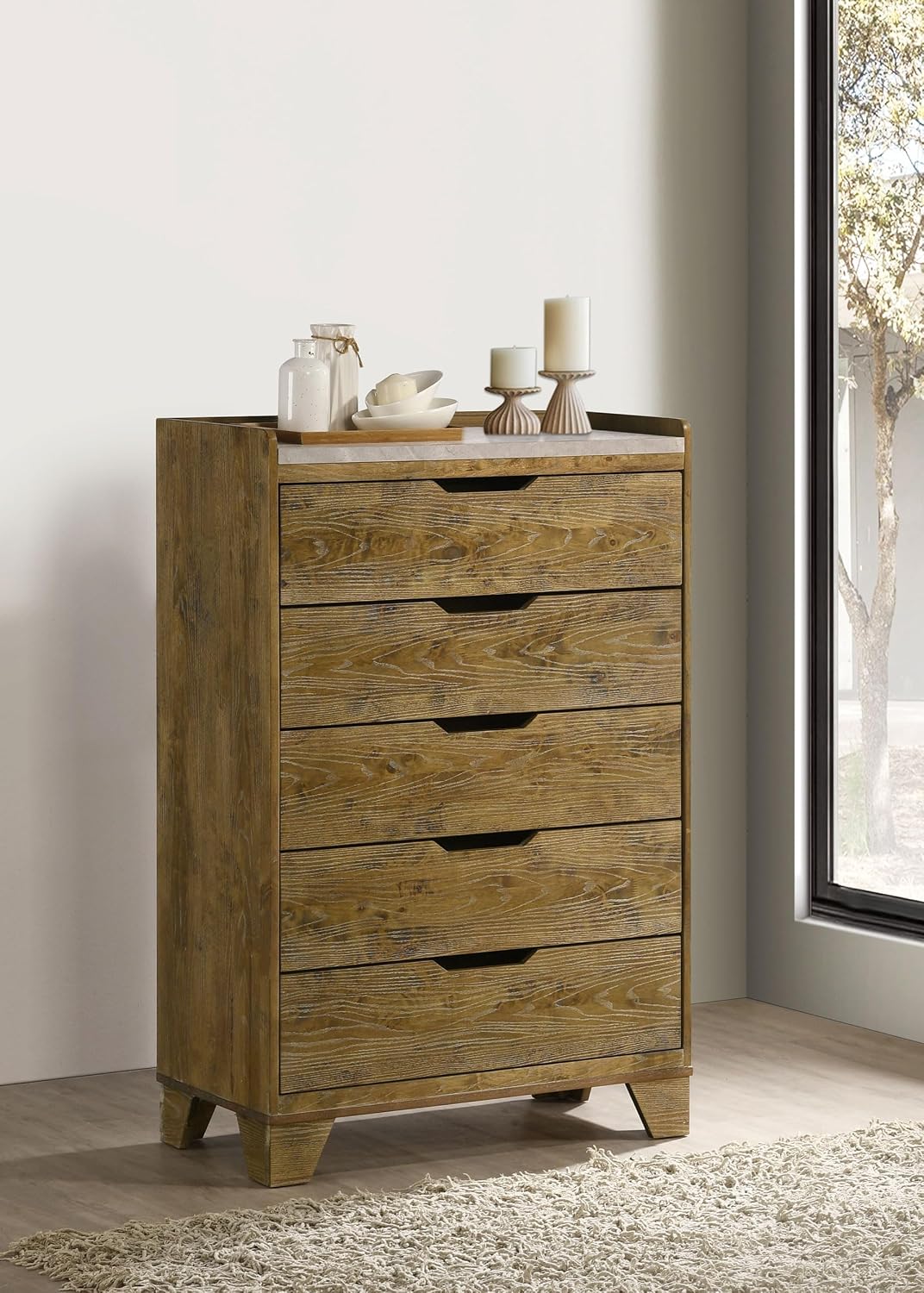 Coaster Home Furnishings - Henderson - Wood - 5-Drawer Chest with Faux Marble Top, Rustic Design, Finger-Tip Pulls, Tapered Legs and Veining Detail - Bedroom - Medium Oak - 222975