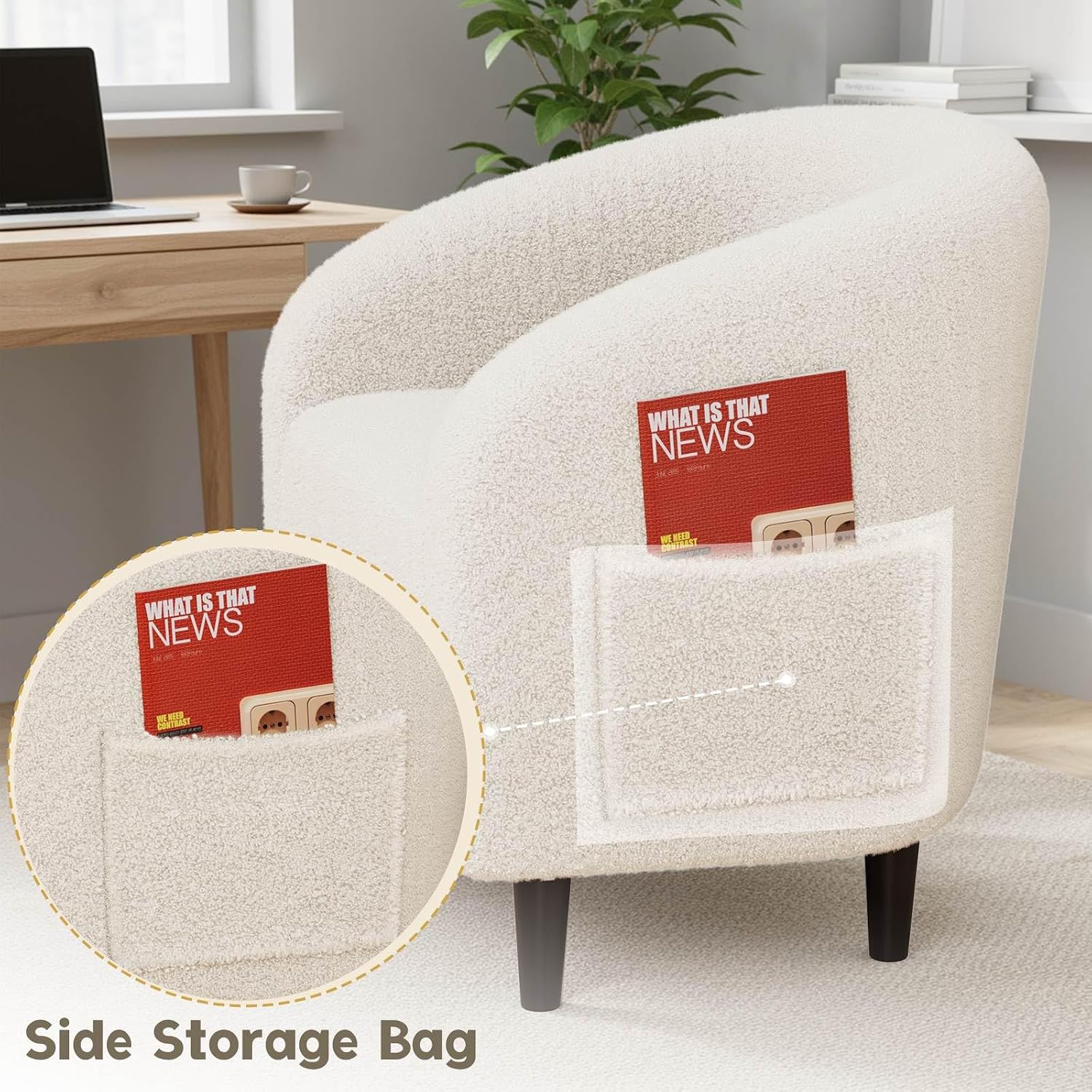 Modern Accent Barrel Chair, Comfy Teddy Fabric Club Armchair with Side Pocket, Easy Assembly Living Room Corner Chair for Bedroom, Office, Reception Space