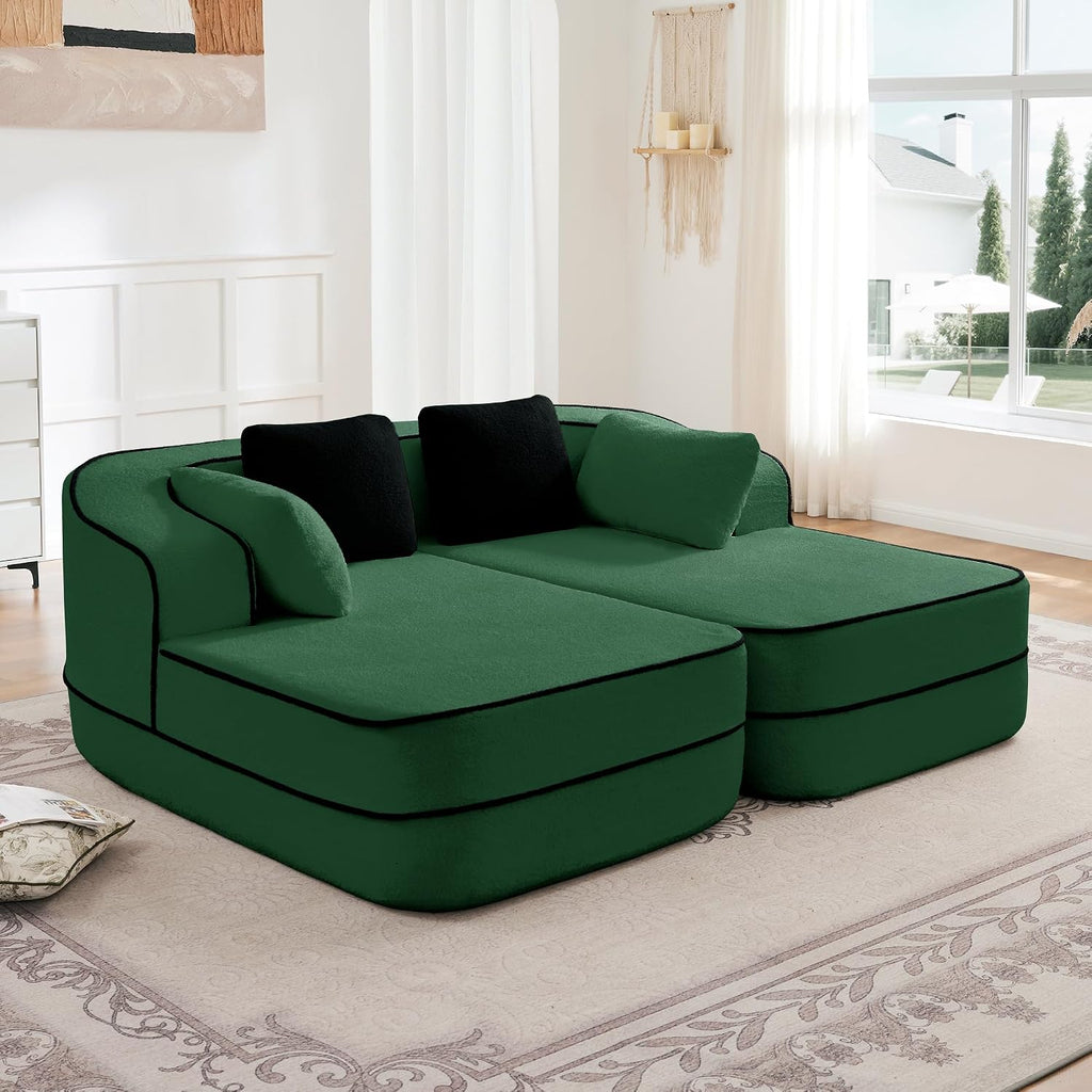 KEIKI Modular Boneless Sectional Teddy Sofa Couch with Chaise for Living Room, Oversized 77.2' Loveseat Chaise Lounge Indoor for Small Spaces, Modern Comfy Apartment Size Couch for Bedroom, Green