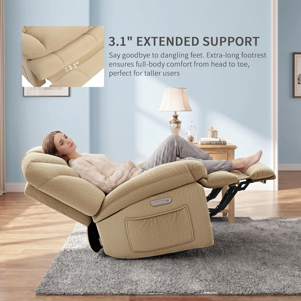 EONIX Dual Motor Power Swivel Rocking Recliner Chair for Living Room, Armless Oversized Shell Shape Lazy Boy Rocker Recliner, Plush Fabric Thickened Cushion, Elevated Soft and Comfort, Beige