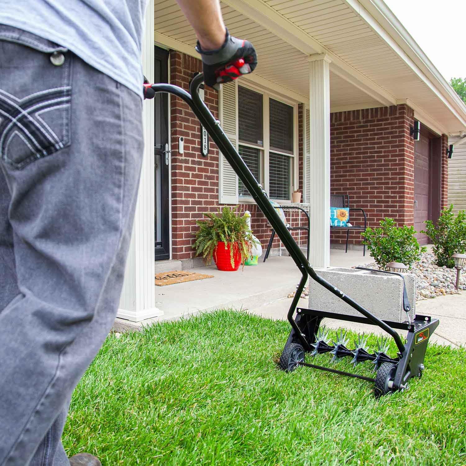 Brinly 20' Premium Push Spike Aerator with 3D Galvanized Steel Tines and Weight Tray