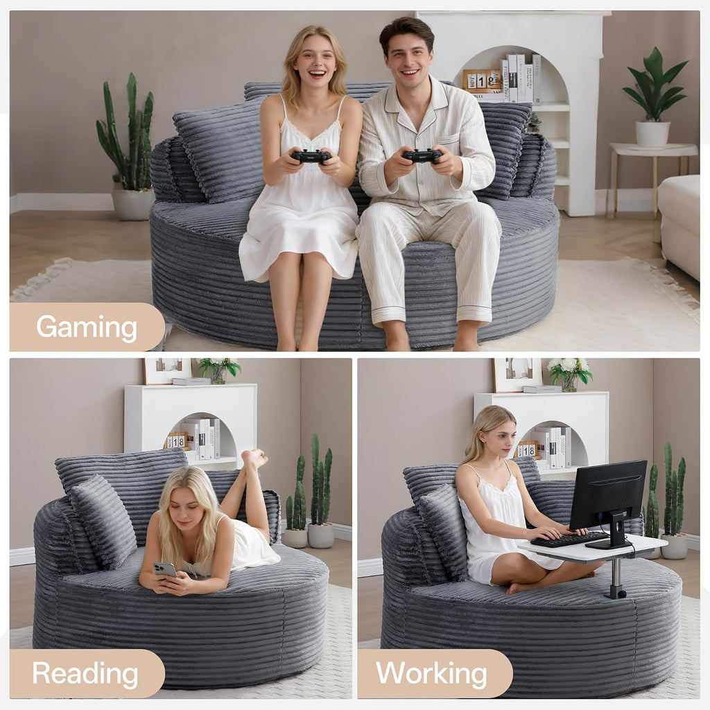 53.5' Oversized Round Chaise Lounge Chair, Modern Corduroy Compressed Cloud Circle Sofa, No Assembly Required Boneless Floor Chair with Pillows, Comfy Lazy Sleeper for Living Room,Gray