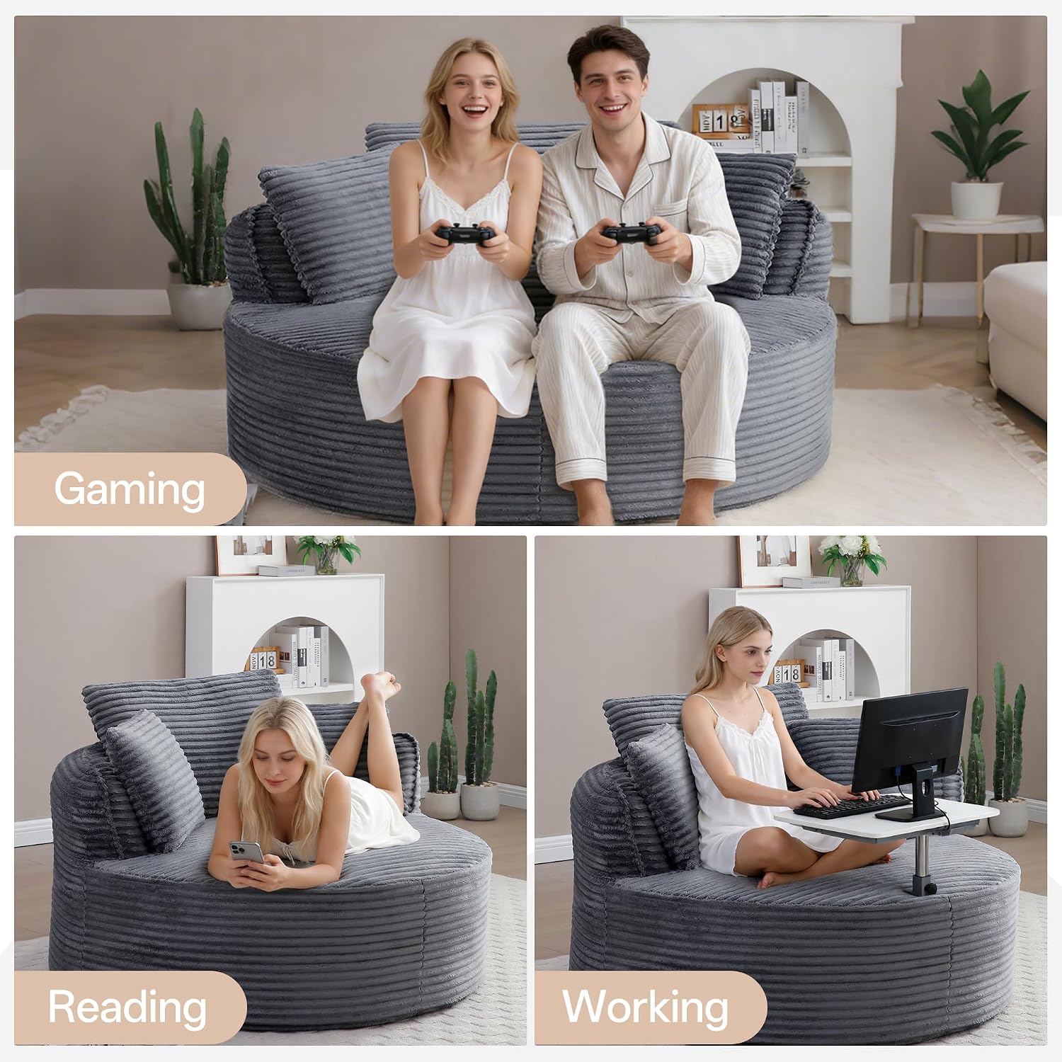 53.5' Oversized Round Chaise Lounge Chair, Modern Corduroy Compressed Cloud Circle Sofa, No Assembly Required Boneless Floor Chair with Pillows, Comfy Lazy Sleeper for Living Room,Gray