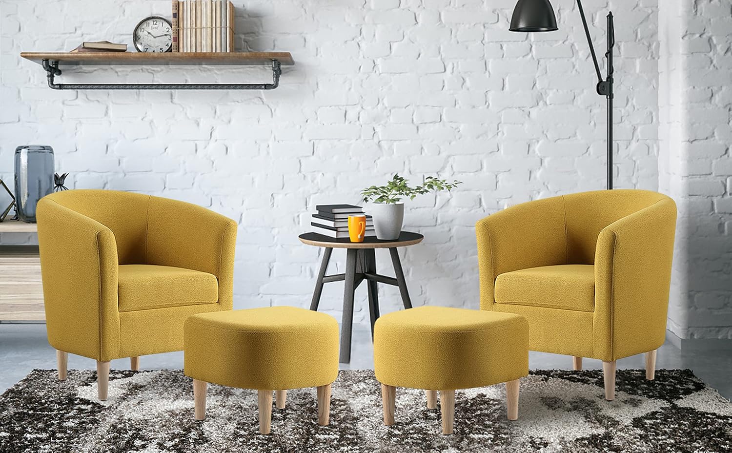 DAZONE Modern Accent Chair, Upholstered Arm Chair Linen Fabric Single Sofa Chair with Ottoman Foot Rest Mustard Yellow Comfy Armchair for Living Room Bedroom Small Spaces Apartment Office