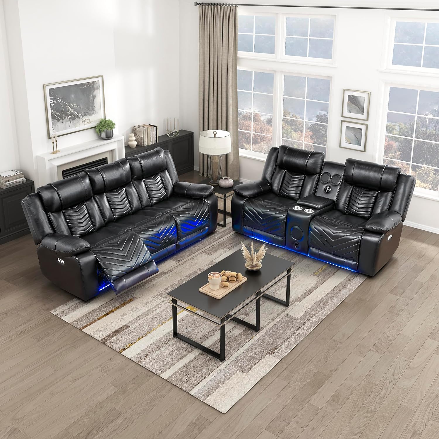 Lexicon 2 Piece Living Room Furniture Sets, Power Reclining Sofa Set, Home Theater Seating with USB Charging Ports/LED Lighting, Wall Hugger Power Double Reclining Sofa & Loveseat, 2 Pieces, Black
