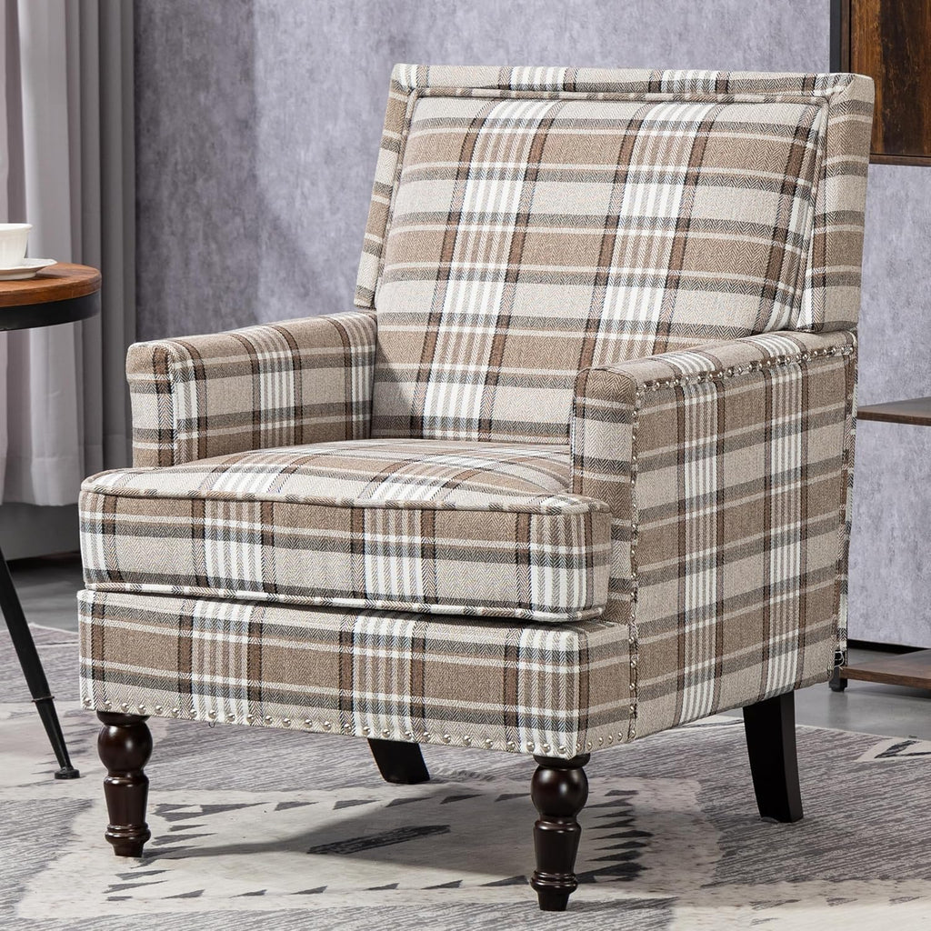 Accent Chair, Plaid Gingham Cozy Comfy Modern Comfy Mid-Century Accent Chairs, Upholstered Lounge Arm Chair with Solid Wood Frame for Living Room/Bedroom-Brown Plaid