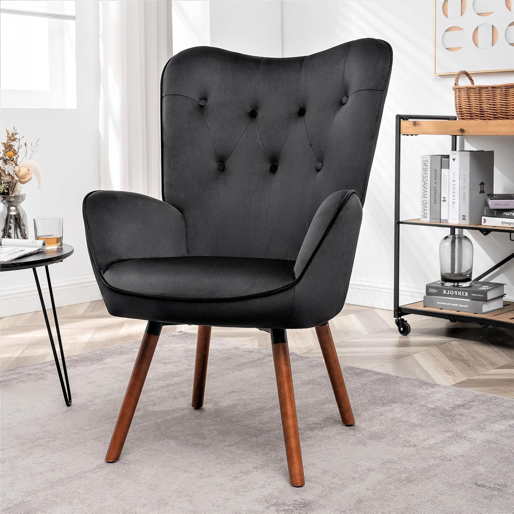 Container Furniture Direct Chic Accent Arm Chairs for Living Room, Bedroom, or Home Office, Button-Tufted Midcentury Armchair with Wingback Design and Splayed Legs, Black