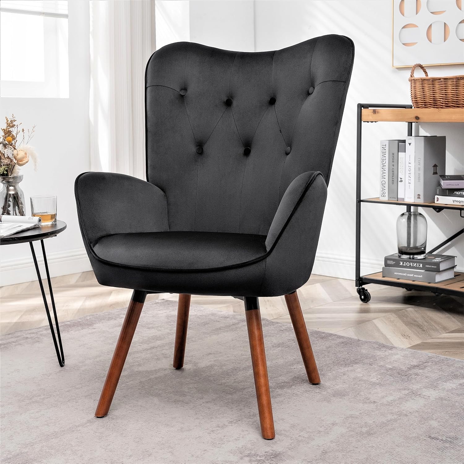 Container Furniture Direct Chic Accent Arm Chairs for Living Room, Bedroom, or Home Office, Button-Tufted Midcentury Armchair with Wingback Design and Splayed Legs, Black