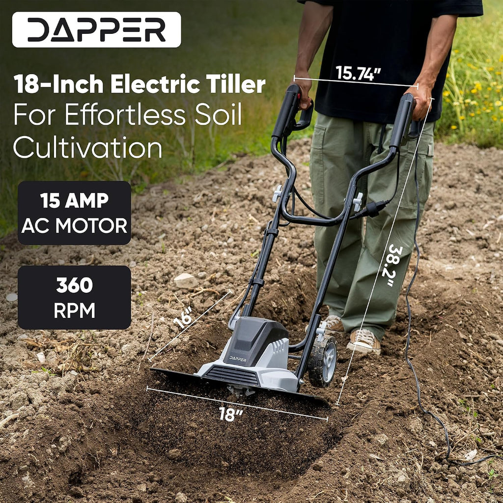 Dapper Supply 18 Electric Tiller Cultivator, 15Amp Corded Garden Rototiller with 6 Steel Tines, Adjustable Depth Wheels, Powerful Soil Cultivator for Gardening and Landscaping