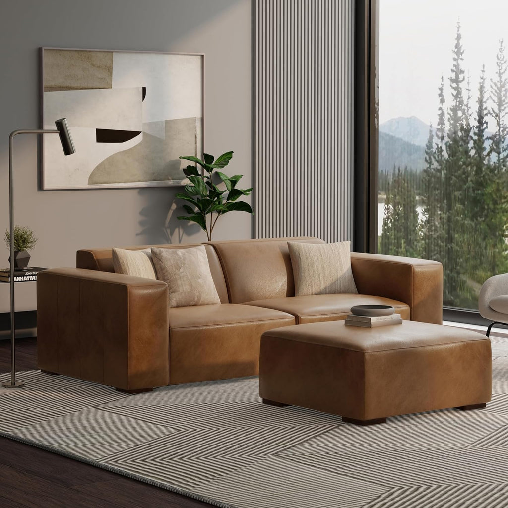 SIMPLIHOME Rex Ottoman - 34 inch Wide Upholstered Genuine Leather Square Ottoman in Caramel Brown, Modern Bench for Living Room or Bedroom with High-Density Cushion, Assembled