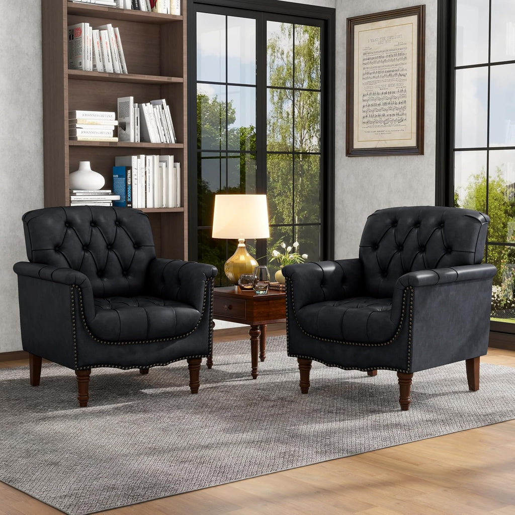 Lumibee Faux Leather Armchairs, Contemporary Accent Chairs Set of 2 with Nailhead Trims & Wood Legs for Living Room, Upholstered Comfy Arm Chairs for Office,Bedroom-Blue Black