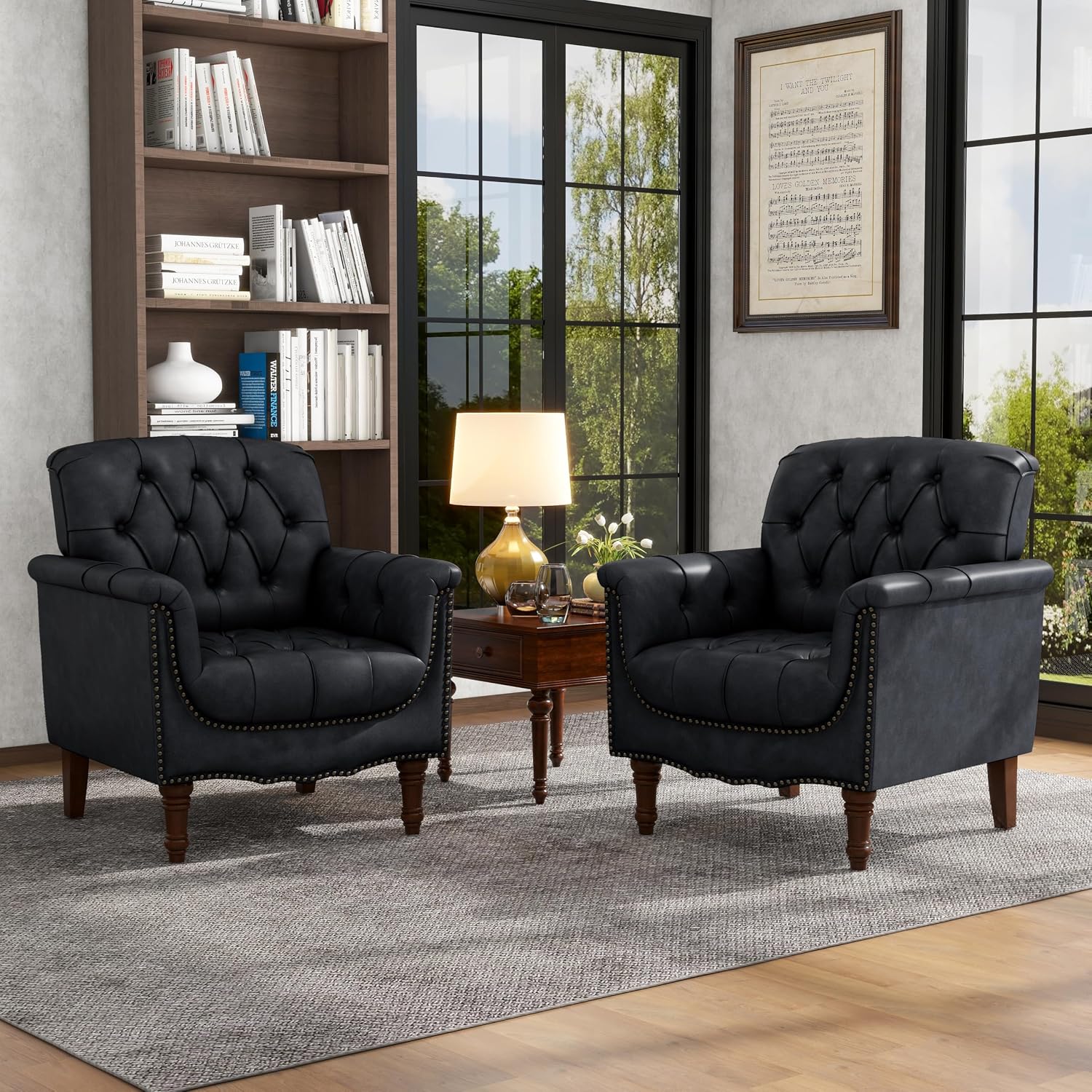 Lumibee Faux Leather Armchairs, Contemporary Accent Chairs Set of 2 with Nailhead Trims & Wood Legs for Living Room, Upholstered Comfy Arm Chairs for Office,Bedroom-Blue Black