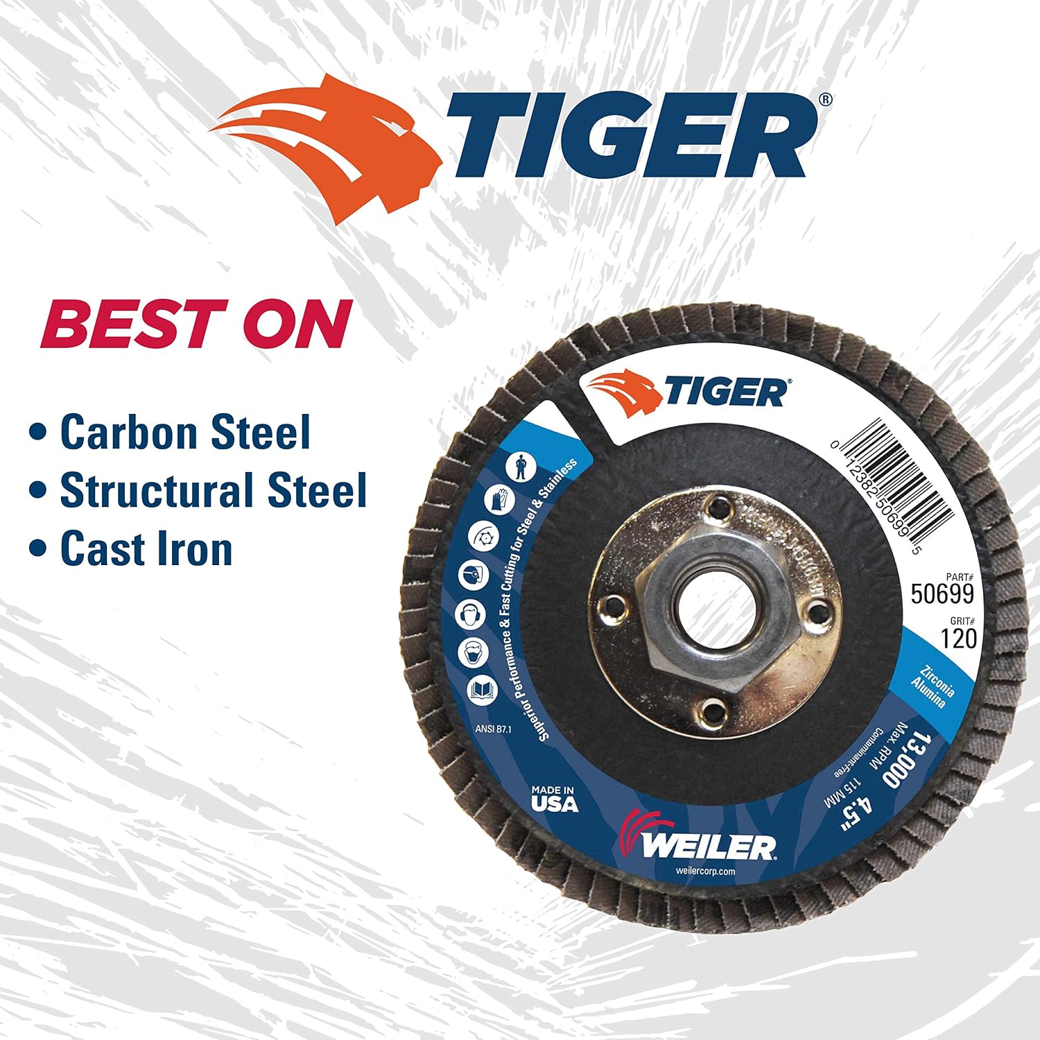 Weiler 50699 4-1/2' Tiger Disc Abrasive Flap Disc, Flat (TY27), Phenolic Backing, 120Z, 5/8'-11 UNC Nut (Pack of 10)