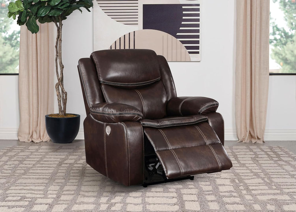 Coaster Home Furnishings - Sycamore - Faux Leather Upholstered Power Recliner Chair with Built-in USB Port, Contour Tufting and Control Panel - Living Room - Dark Brown - 610193P