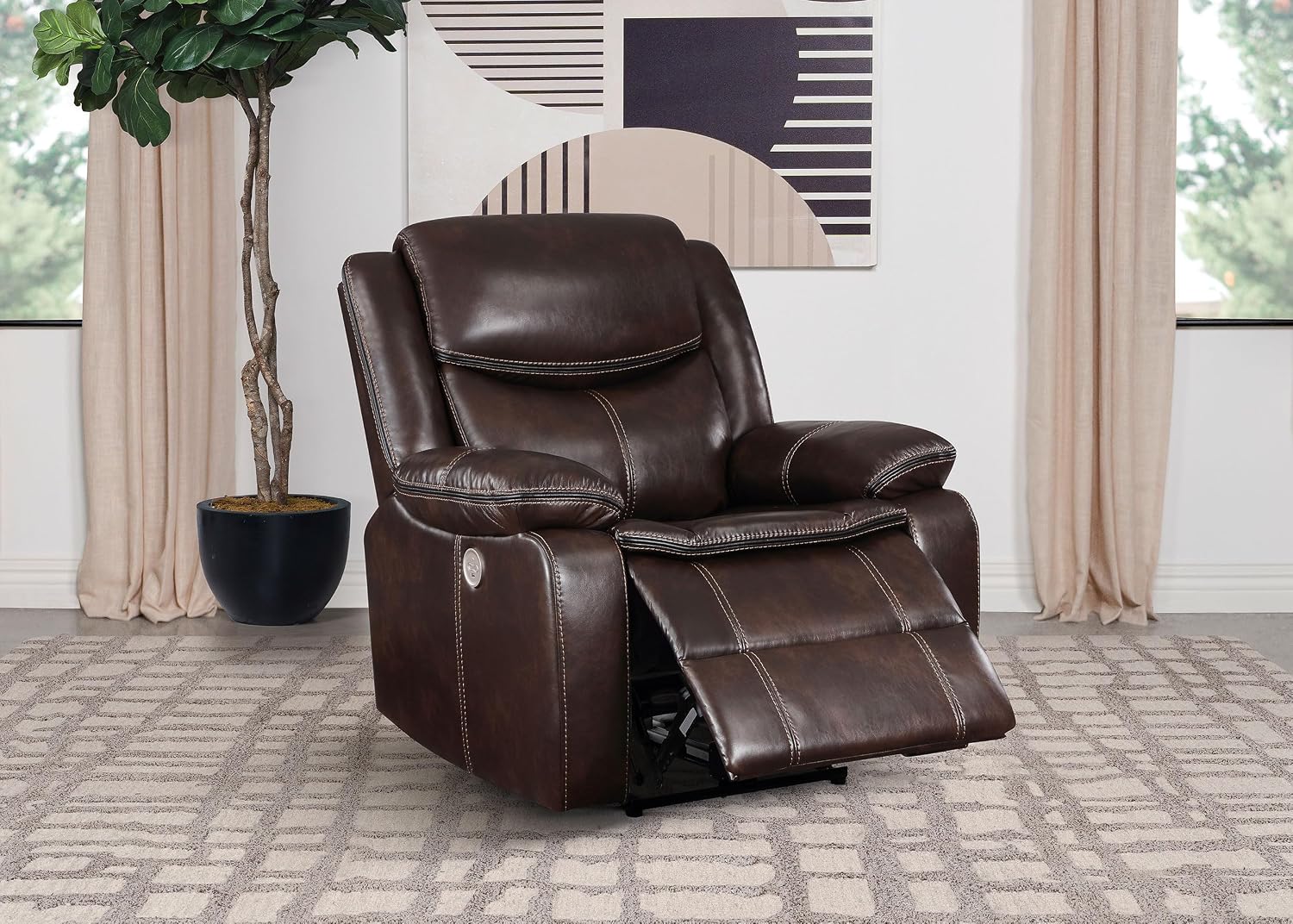 Coaster Home Furnishings - Sycamore - Faux Leather Upholstered Power Recliner Chair with Built-in USB Port, Contour Tufting and Control Panel - Living Room - Dark Brown - 610193P