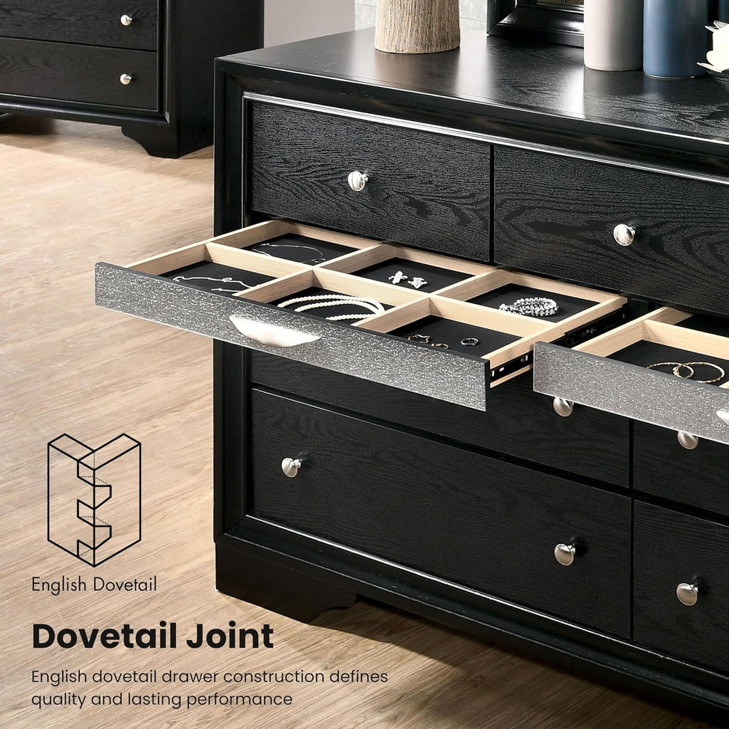HOMES: Inside + Out Dierks Modern Wood 2-Piece Nightstand and 9-Drawer Dresser Set with Jewelry Storage for Bedroom, Black