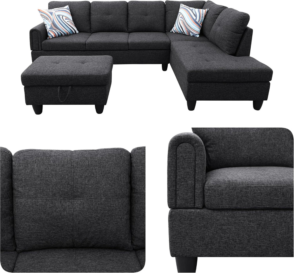 97.5' L Shaped Couch Set, Modular Sectional Couches for Living Room with Storage Ottoman, 4 Seat Home Sofa Living Room Furniture Sets with Chaise for Apartment Office (Linen, Black Grey)