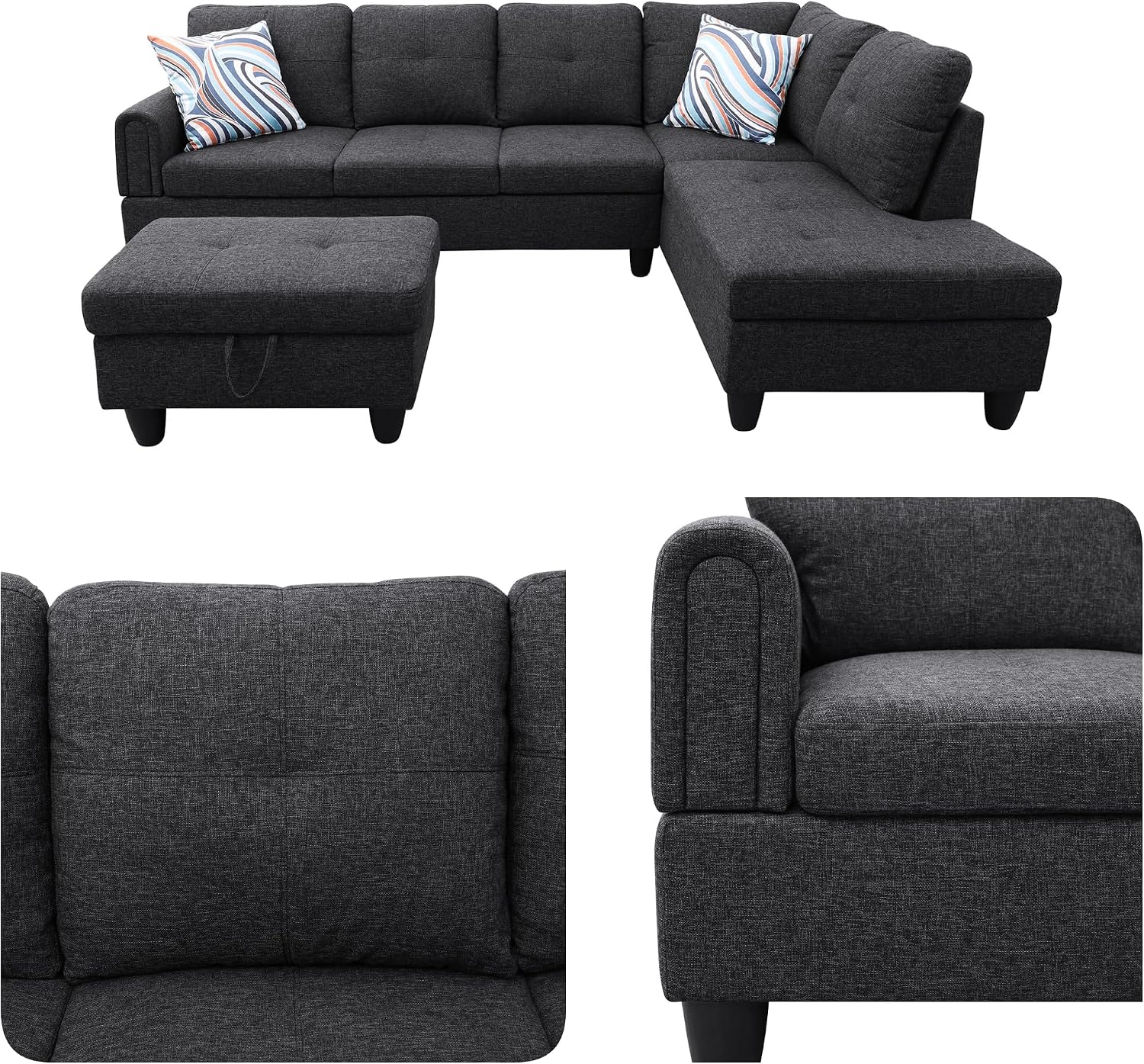 97.5' L Shaped Couch Set, Modular Sectional Couches for Living Room with Storage Ottoman, 4 Seat Home Sofa Living Room Furniture Sets with Chaise for Apartment Office (Linen, Black Grey)