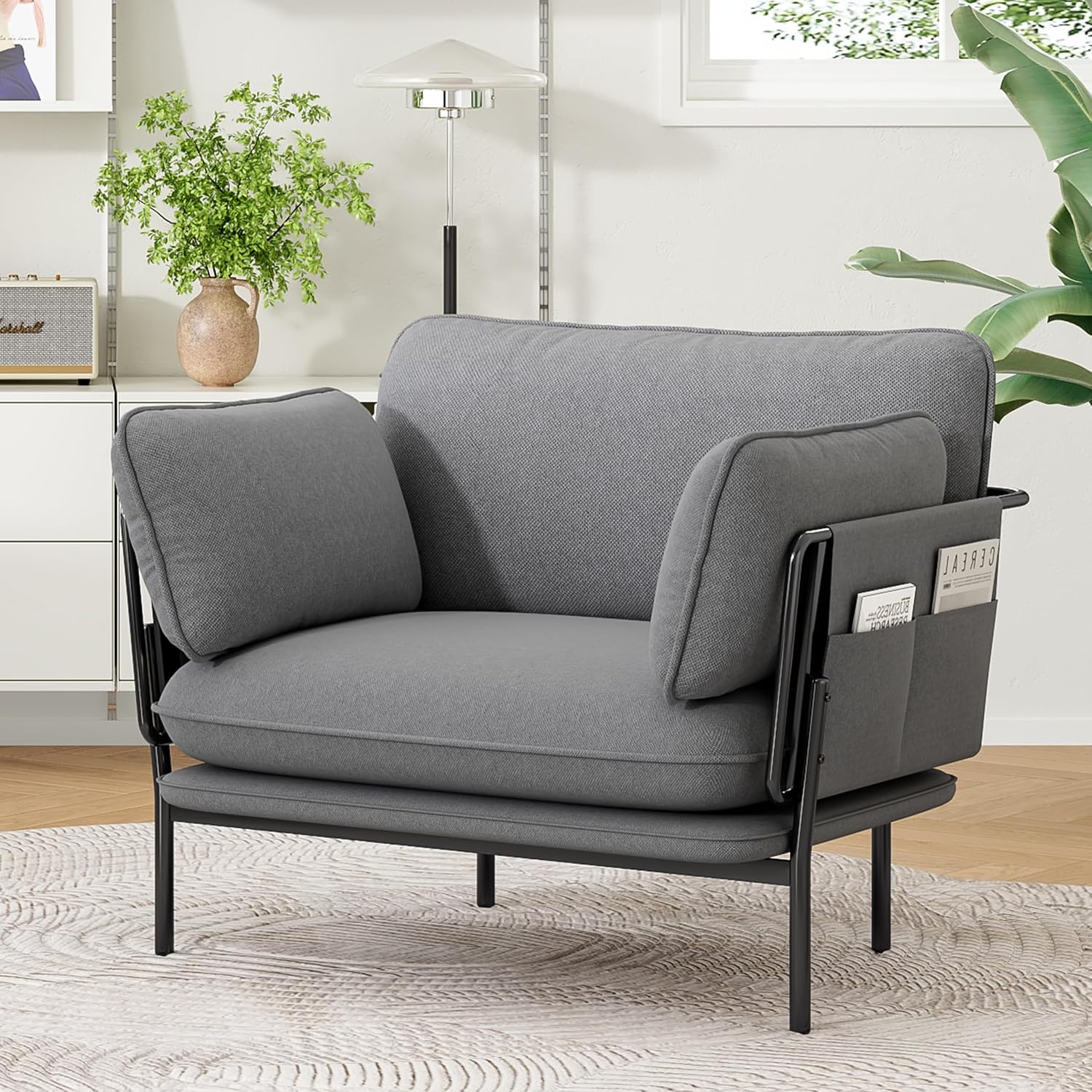Modern Accent Chairs Set of 2, Oversized Living Room Chairs, Reading Chair with Solid Metal Legs, Fabric Armchair with Side Pockets and 2 Pillows, Accent Chairs for Bedroom, Nursery, Blue Gray