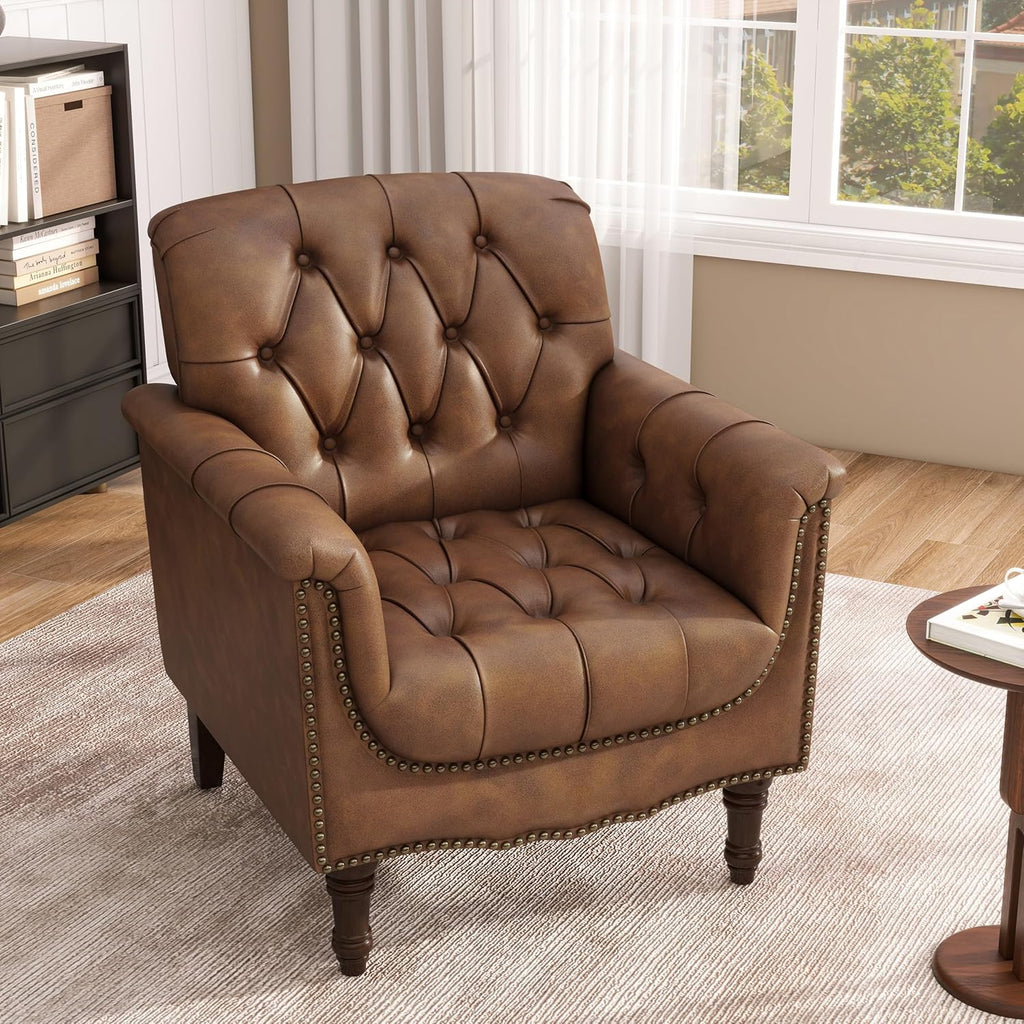 Lumibee Faux Leather Armchair, Contemporary Accent Chair with Nailhead Trims & Wood Legs for Living Room, Upholstered Comfy Arm Chair for Office,Bedroom-Brown