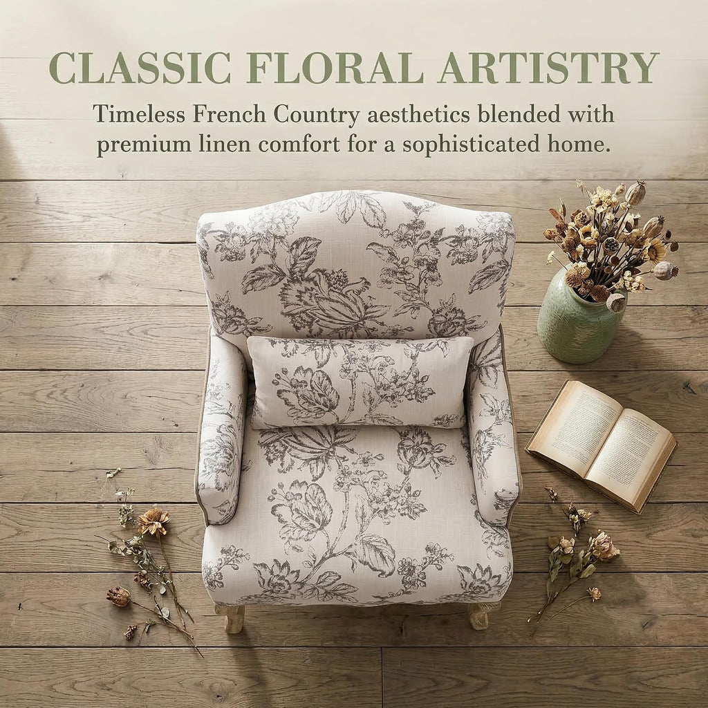 Floral Accent Chair Fabric Comfy Single Sofa Upholstered Modern Reading Chair with Removable Pillow Wingback Arm Chair for Living Room/Bedroom/Fireplace, Beige