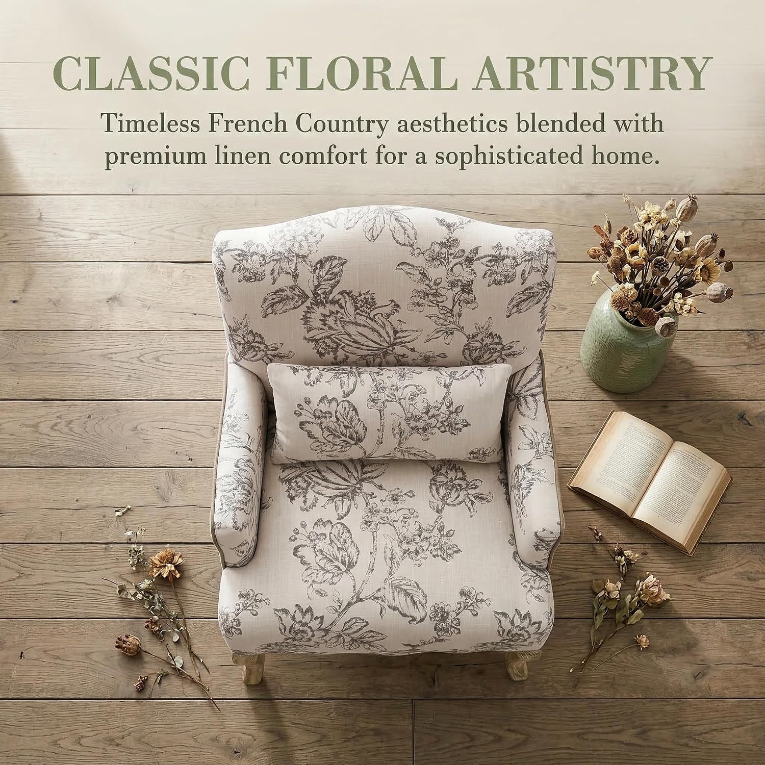 Floral Accent Chairs Set of 2 Fabric Comfy Single Sofa Upholstered Modern Reading Chair with Removable Pillow Wingback Arm Chair for Living Room/Bedroom/Fireplace, Beige