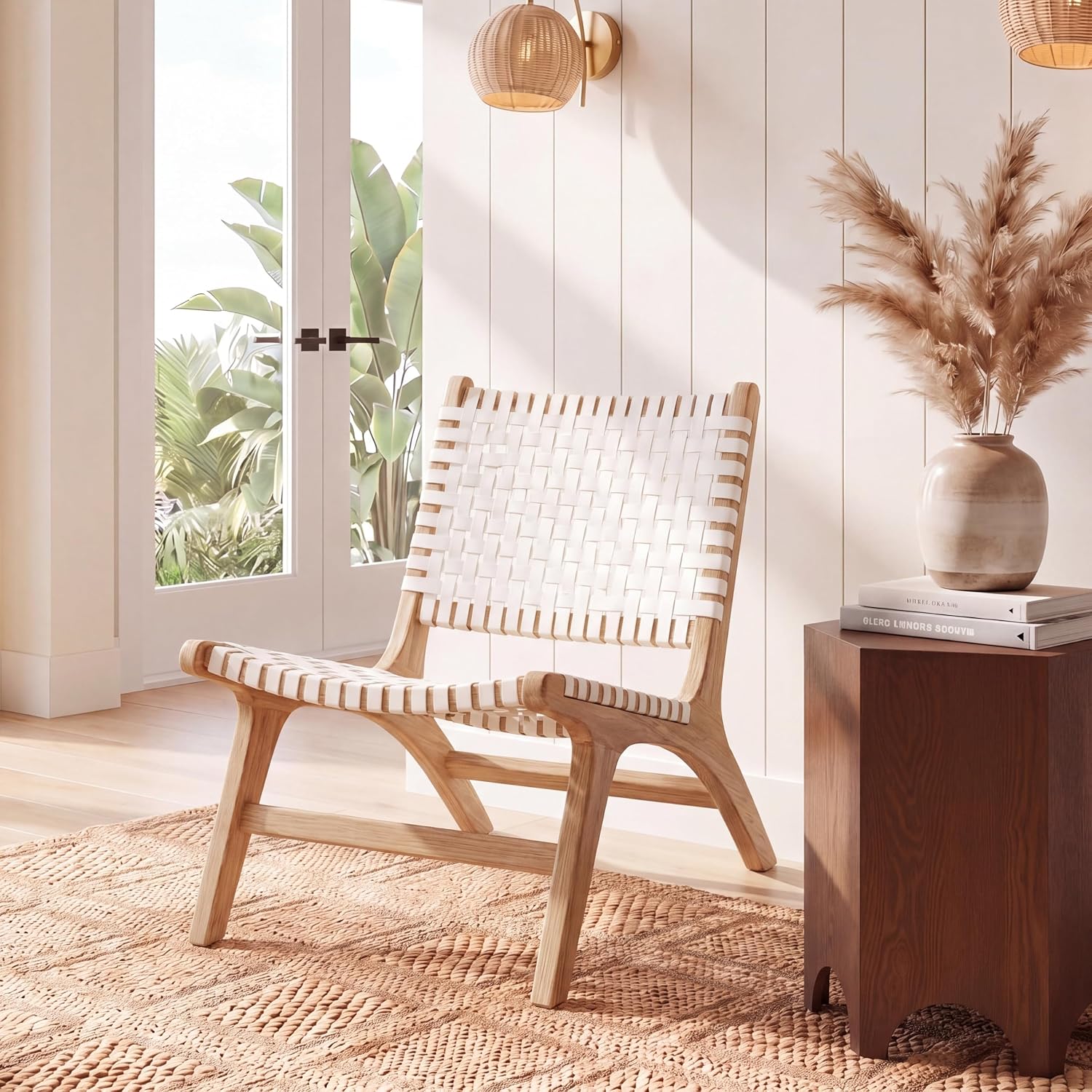 SAFAVIEH Home Collection – Luna Natural Solid Wood & White Leather Woven Accent Chair, Contemporary Lounge Chair, Fully Assembled (ACH1002A)