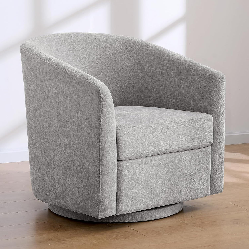 Zihanhome Chenille Swivel Accent Chair, Living Room Chairs, No Assembly Upholstered Armchair, 360°Rotating Barrel Chair for Bedroom, Apartment & Reading Nook (1, Light Grey)