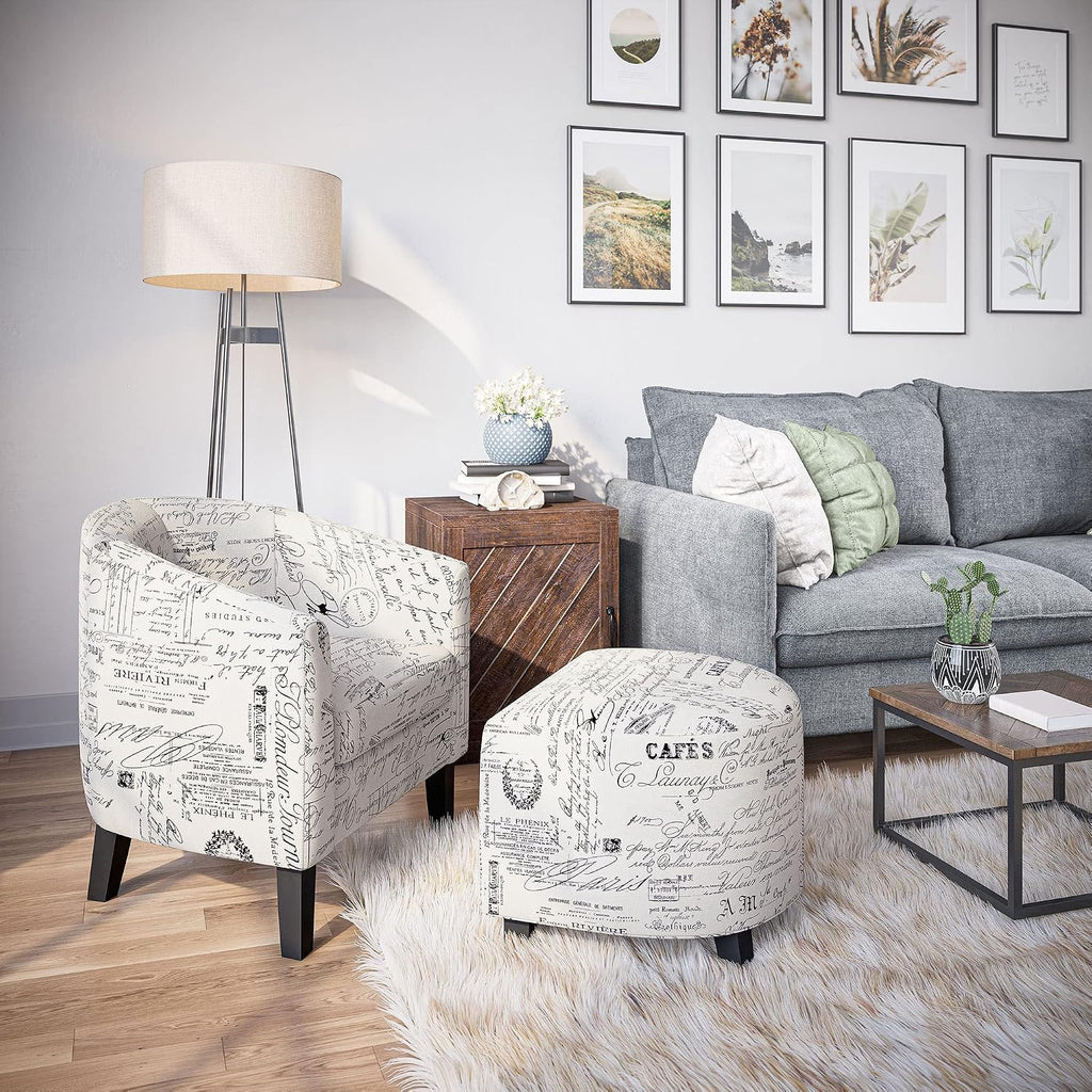 Belleze Accent Tub Chair Curved Back French Print Script Linen Fabric w/ Ottoman Modern Stylish Round Armrest, Beige