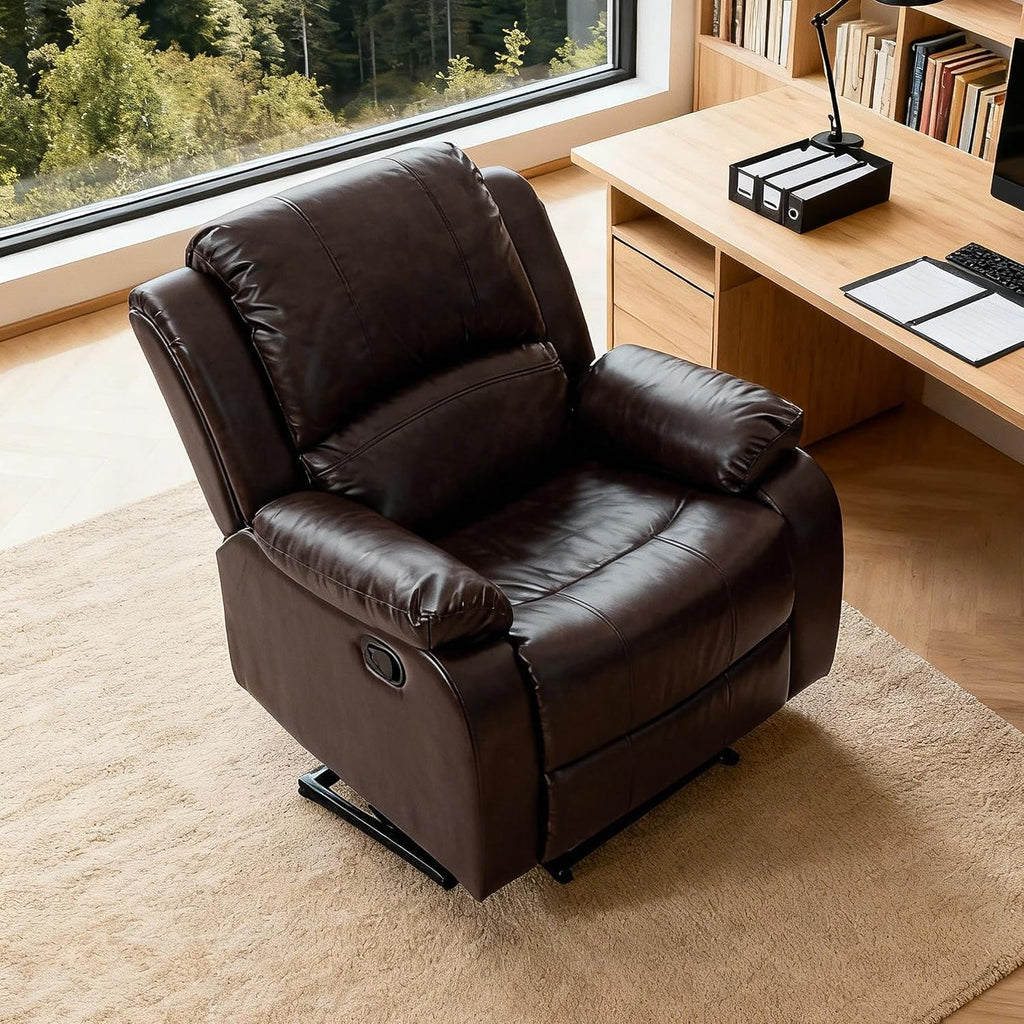 Manual Recliner Chair, Adjustable Push Back Leather Reclining for Living Room, Reddish Brown