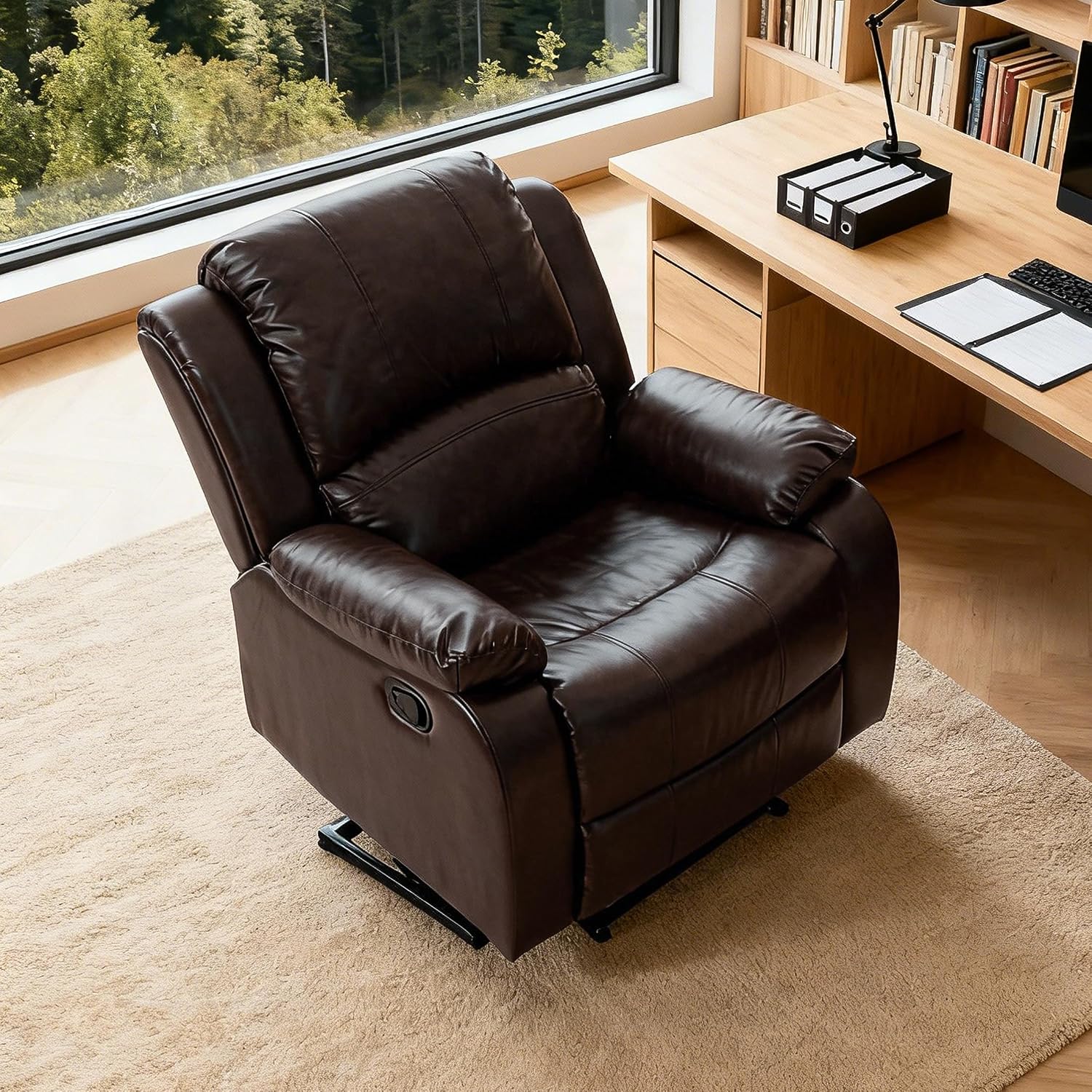 Manual Recliner Chair, Adjustable Push Back Leather Reclining for Living Room, Reddish Brown