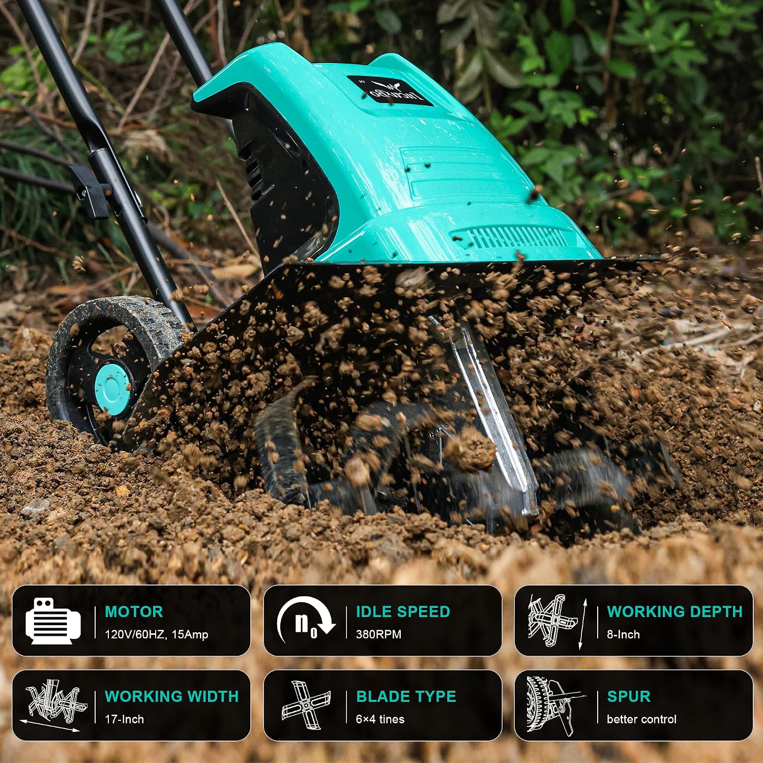 IncwBo Tiller Cultivator 17 inch 15 Amp 6 Steel Tines Tillers for Gardening Electric Rototiller for Garden Yard
